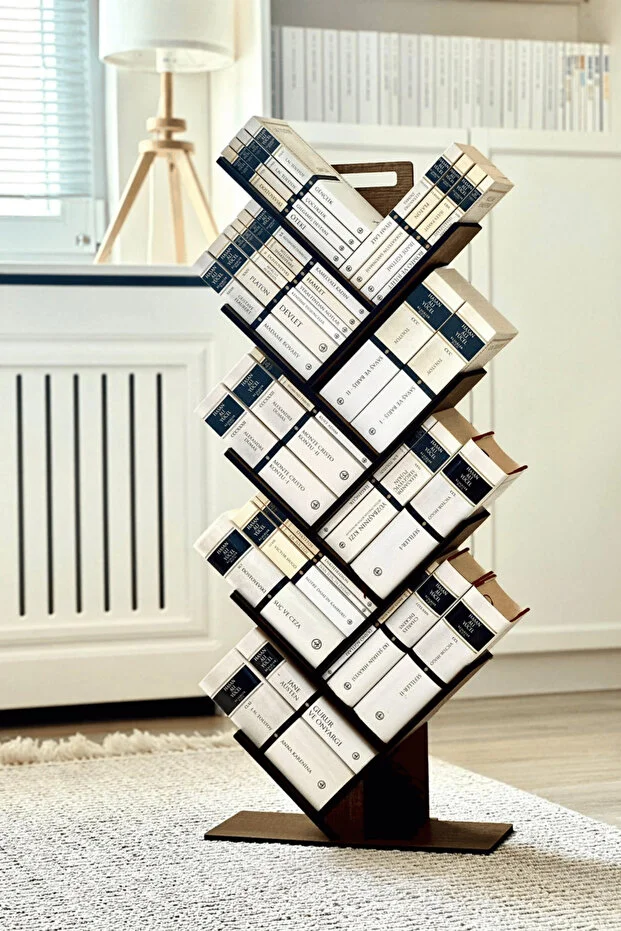 Geometrik 8 Raflı Ağaç Kitaplık Dekoratif Raf